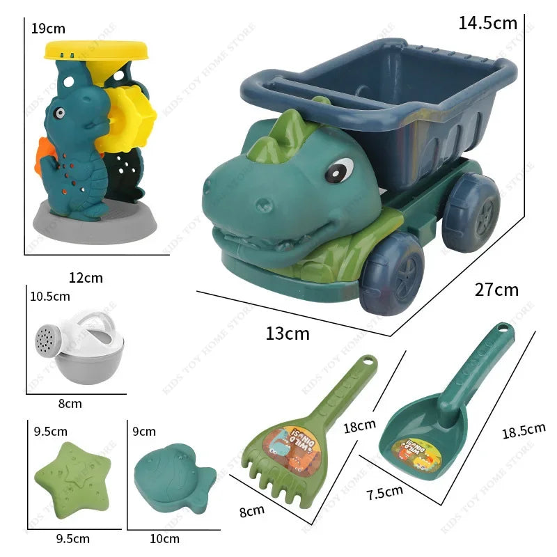 Kids Dinosaur Beach Toys Set with Shovel Rake Watering Can and Sand Molds Outdoor