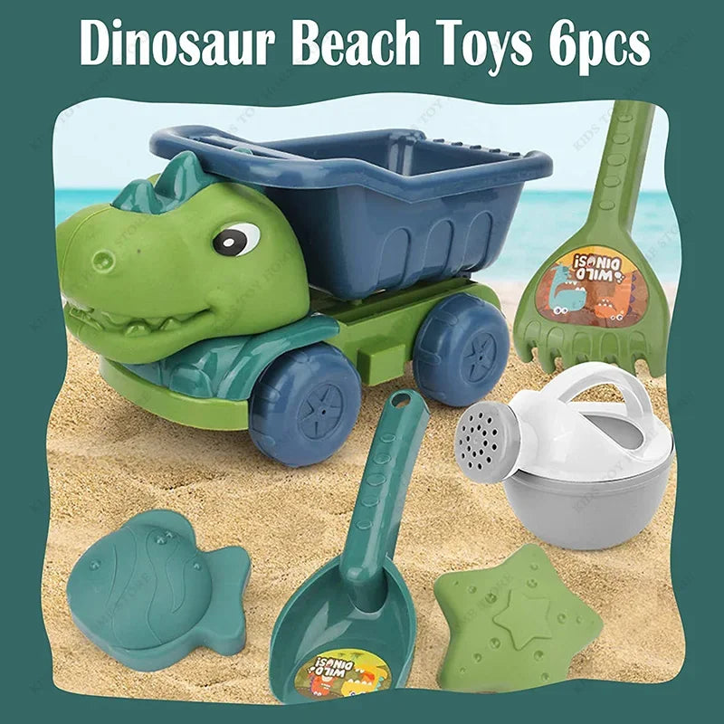 Kids Dinosaur Beach Toys Set with Shovel Rake Watering Can and Sand Molds Outdoor