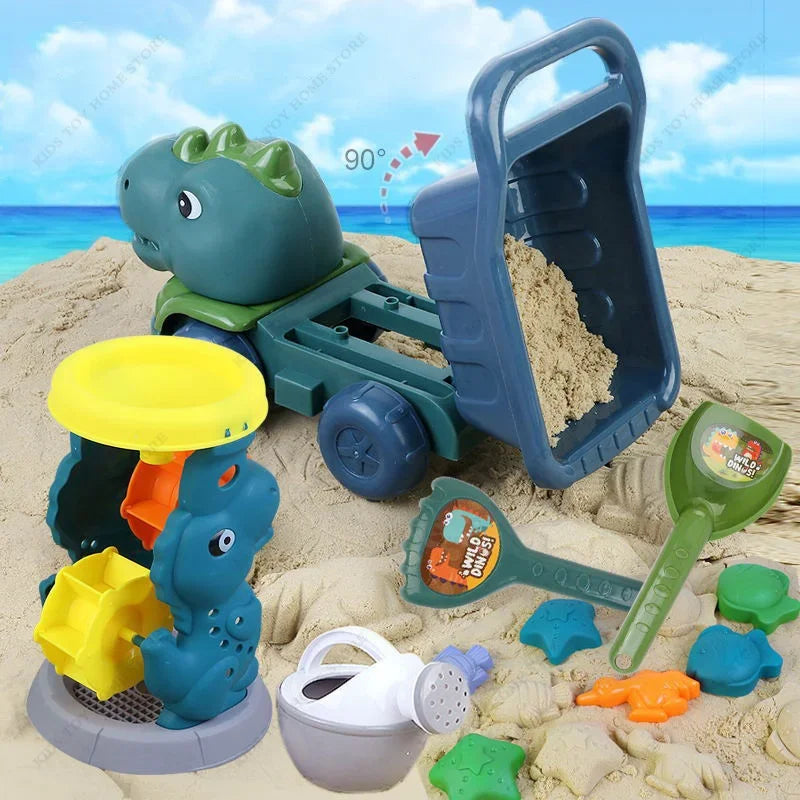 Kids Dinosaur Beach Toys Set with Shovel Rake Watering Can and Sand Molds Outdoor